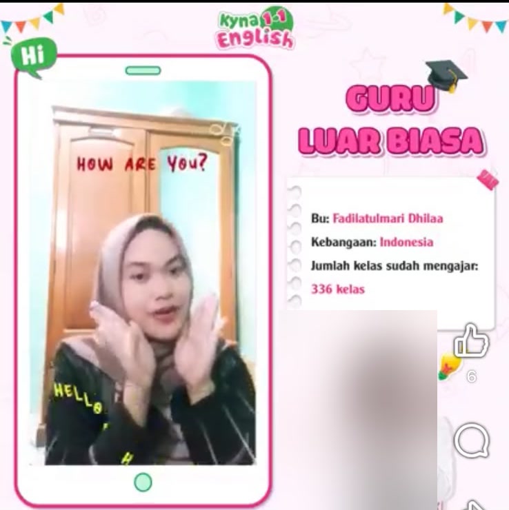 Kyna English feature post naming Teacher Dila a Guru Luar Biasa with 336 classes taught